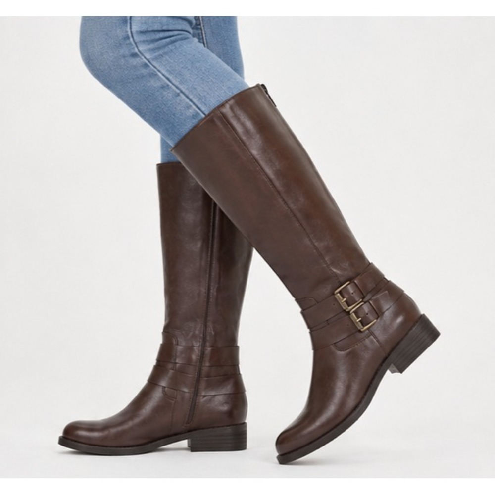 Style & Co Womens Maliaa Boots Sz 10.5M Brown Wide Calf Buckle Riding Knee High